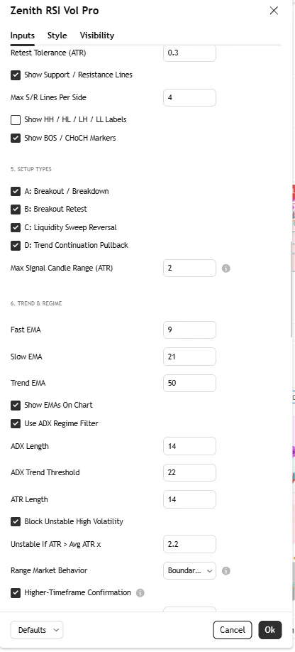 تنظیمات اندیکاتور Zenith RSI Volume Pro