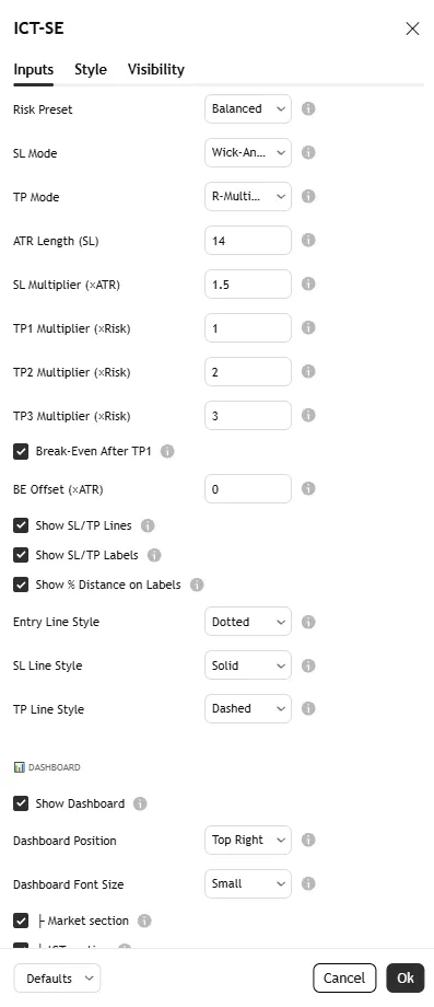تنظیمات اندیکاتور ICT Structure Engine