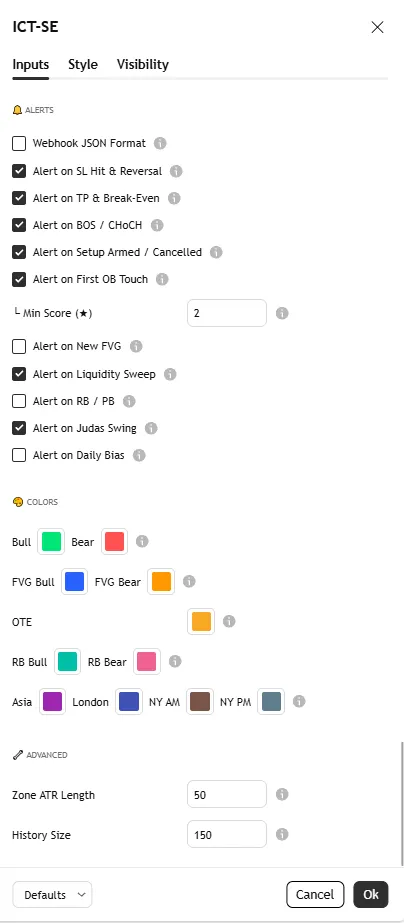 تنظیمات اندیکاتور ICT Structure Engine
