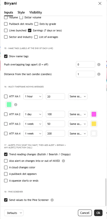تنظیمات اندیکاتور Bishop Biryani Ribbons V2